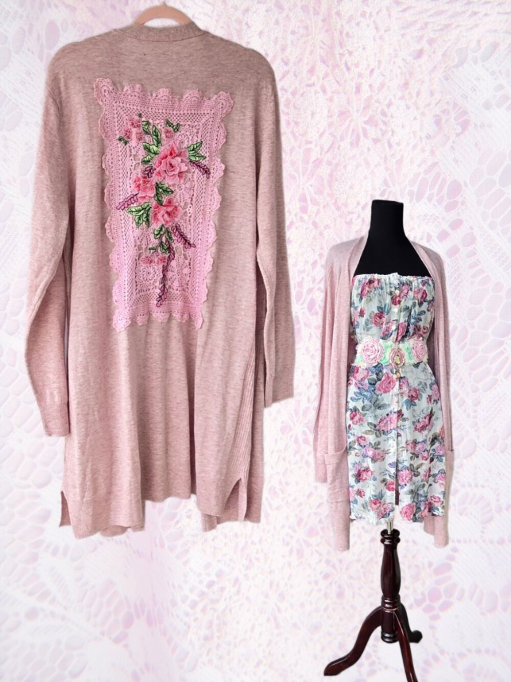 Dusty Pink Open Front Duster Cardigan Pink Crochet and Rose Embroidery